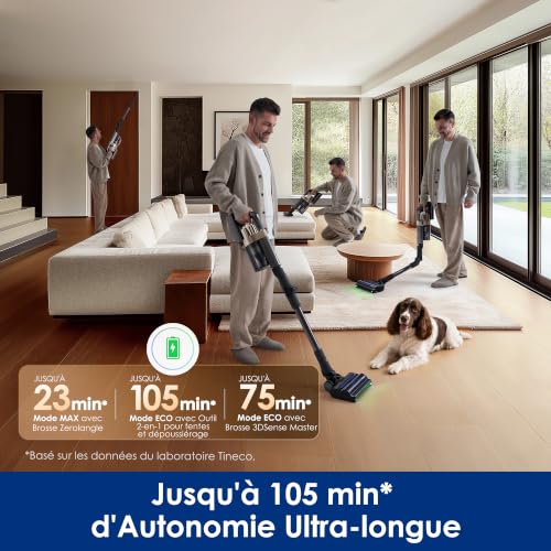 Tineco Pure One A90S Cordless Vacuum Cleaner, 270AW Vacuum, 105 Min Autonomy, 3DSense Master Brush, 150° Green LED Light, 180° Foldable, Suitable for Pet Hair/Carpet/Hard Floors
