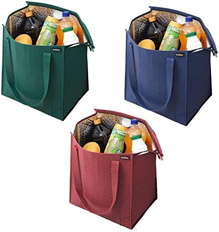SANNE Collapsible Reusable Grocery Shopping Bags 3 Packs foldable Sturdy with Sturdy Zipper Extra Long Handles to go picnic shopping（3 colors）