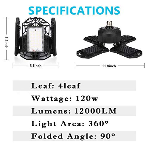 Docuter Garage Ceiling Light LED, 120W E26 Garage Lights Fixture Adjustable Shop Light for Warehouse, Basement, Barn with 4 Adjustable LED Panels 6000K