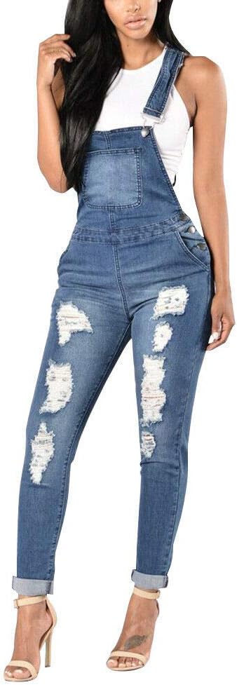 Denim Bib Overall for Women - Skinny Playsuit Ripped Jumpsuit Jeans Ladies Slim Fit Overalls Trousers