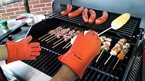 TOPULORS BBQ Grilling Gloves Oven Mitts Gloves for Cooking Baking Barbecue Potholder（Orange） - Thumbnail 3