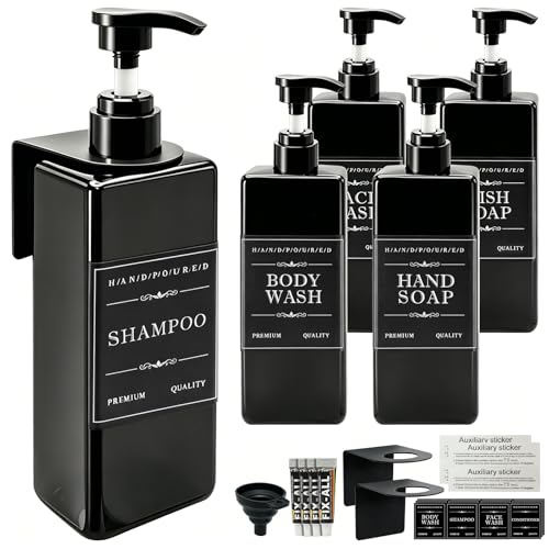 Prebarfun 5Pack Shampoo and Conditioner Dispenser, 500ml Wall Mounted Soap Dispenser, Refillable Shower Bottles, Plastic Pump Bottle with Funnel, Waterproof Labels, for Bathroom, Kitchen,Hotel (Black)