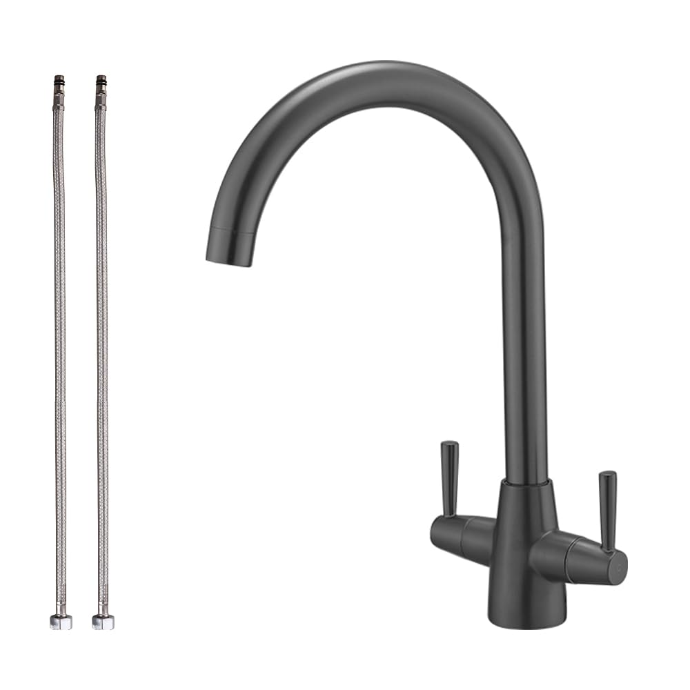 Haiba Kitchen Mixer Tap Dual Lever Swivel Spout Monobloc Grey Sink Taps with UK Standard Fittings