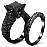 AMiERY Black Gold Sapphire Princess Cut CZ Wedding Engagement Band Bridal Rings Jewelry Set