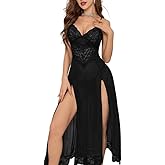 Drakonara Women Lingerie Lace Floral Sheer Babydoll Nightgown for Women Sexy Mesh Nightdress V Neck Nightwear Side Split