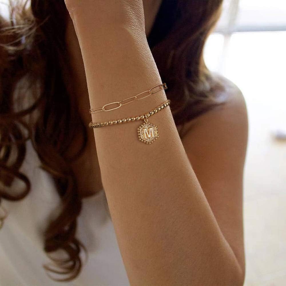 IEFWELL Dainty Gold Charm Bracelets for Women, 14K Gold Plated Bead Bracelet Letter K Paperclip Link Bracelets for Her Dainty Gold Charm Bracelets for Women Jewelry: Jewelry