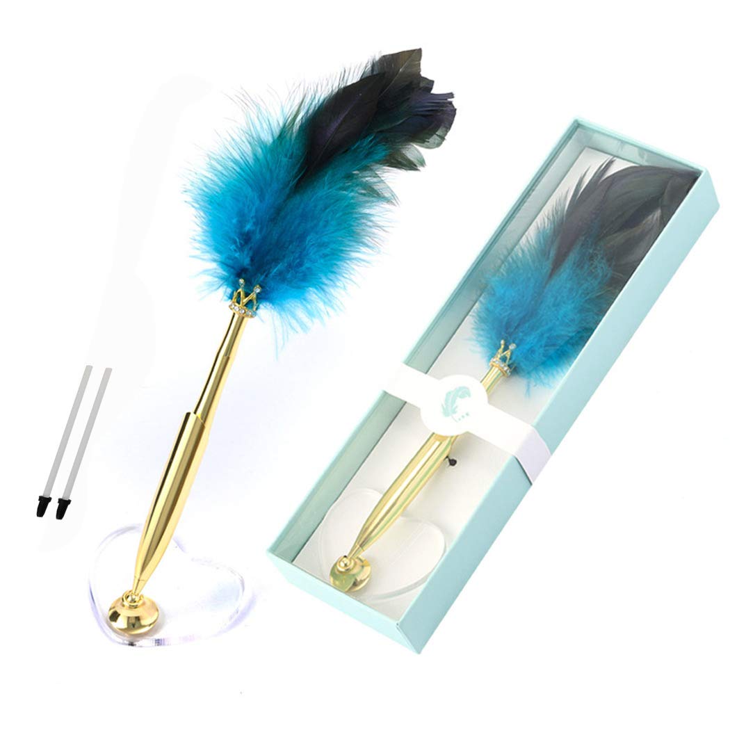SIPLIV Feather Pen Rollerball Pen with Heart-shape Decorative Base Holder Black Ink Ballpoint Quill Pen Add an Elegant Touch to Weddings, Opening, Special Events and More, Blue