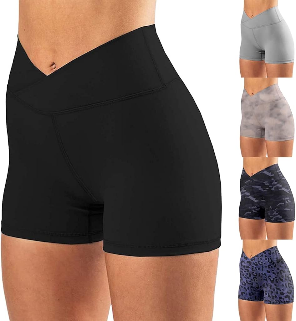 Women's High Waisted Biker Shorts Cross Waist Workout Yoga Shorts Running Leggings with/no Pocket: Clothing