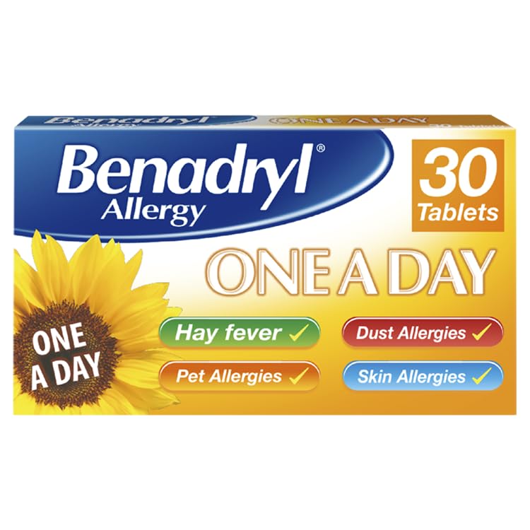 Benadryl Allergy One A Day 10 Mg Tablets - Effective and Long-Lasting Relief from Hay Fever, Pet, Skin and Dust Allergies - 30 Count