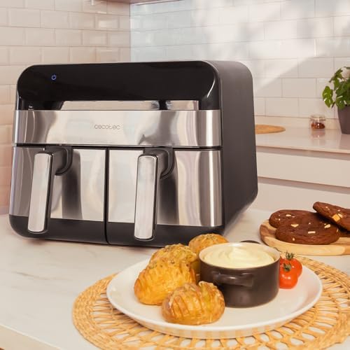 Fritadeira de ar digital cecotec 9l cecofry advance 9000 inox. 2800w, 2 baldes de 4,5l, temperatura dupla, temperatura ajustável de 80-200ºc, 7 programas, painel de toque multifuncional