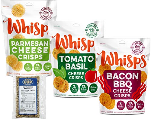 By The Cup Sunflower Kernels and Cello Whisps Bundle - 100% Cheese Crisps 2.12 Ounce Resealable Bags - 1 Parmesan, 1 Tomato Basil, 1 Bacon BBQ