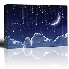 Crescent Moon with Bright Falling Stars Above The Clouds - Canvas Art Home Art - 12x18 inches