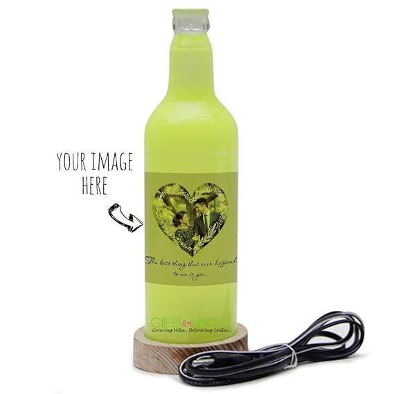 Giftsbymeeta Name and Photo in a Heart Shape Printed Bottle Lamp (Green)