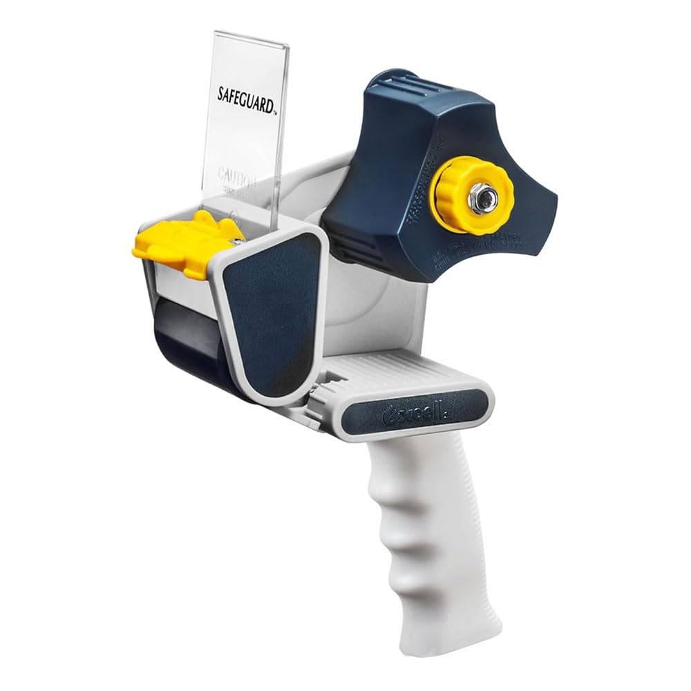 Excell Safeguard Packing Tape Dispenser, 2” (50.8mm), Retractable Blade Cover, Push Flap Cut, One-Hand Use, Static Cling Strip, Fits 3” (76mm) Core, Includes 1 Clear Tape Roll