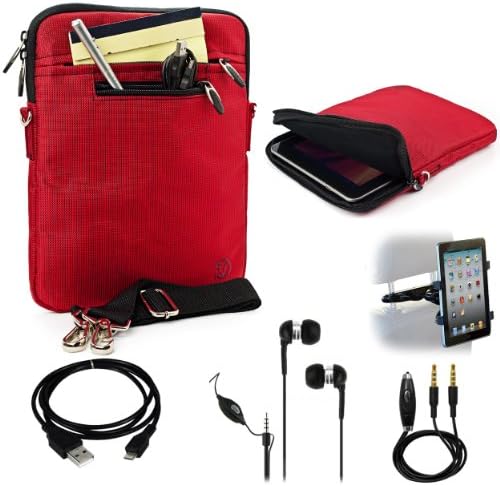 RED Mighty Nylon Jacket Slim Compact Protective Sleeve Shoulder Bag Case with accessories For Creative ZiiO 10-Inch Wireless Entertainment Tablet Android OS + Includes a Black Micro USB Data Sync Cable + Auxilary Cable ( AUX Connectivity ) + Adjustable HeadRest Car Mount Kit + Noice Reducer MP3 Handsfree Earbuds Earphones with Mic