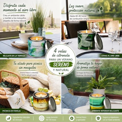 Paquete Grandes Juego de 4 Velas Citronela para Interior y Exterior Velas de Citronela Cera de Soja en Latas con Tapa 200 Horas de Combustión Regalo para Bodas,Cumpleaños,Jardín,Camping o Fiestas