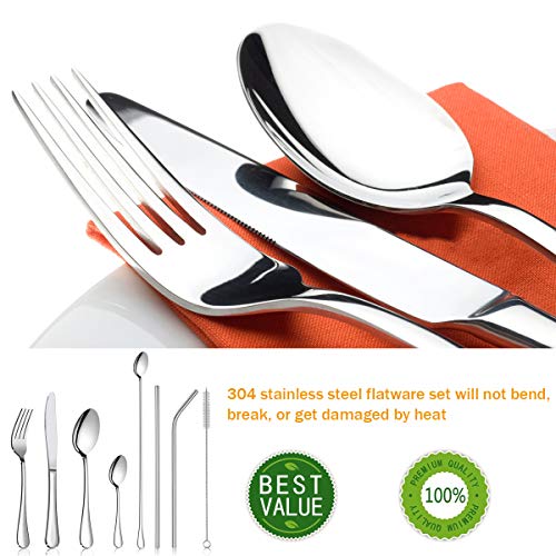 Silverware Flatware Cutlery Set,Portable Utensils LPOLER 32 Pieces Stainless Steel Utensils Service for 4,Include Knife,Fork,Spoon,Straw and Cleaning Brush,Mirror Polished,Dishwasher Safe