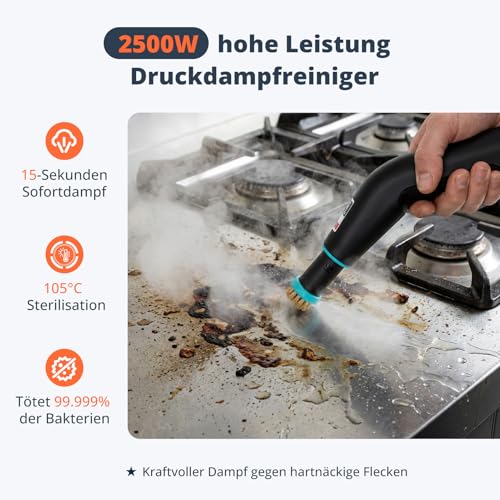Nettoyeur Vapeur à Main 2500 W – 4 Bars, Chauffe en 15 s, Vapeur à 105°C pour Désinfection, Réservoir 1250 ml, 6 Niveaux de Puissance pour Cuisine, Salle de Bain, Voiture et Carrelag (23 Accessoires)