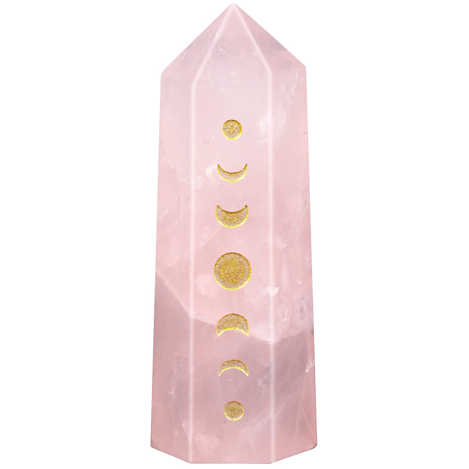 mookaitedecor 48-55mm Rose Quartz Crystal Moon Phase Decor Reiki Symbol Crystal Wand, Hexagonal Pink Healing Crystal Point Wand Pocket Stone for Meditation Small Witch Ornament Gift Witchcraft Decor