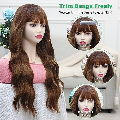 POPTAIYU Ombre Brown Wavy Wigs with Bangs for Women, Long Wavy Wig with Bangs,Curly Natural Looking Synthetic Heat Resistant Fiber Wig for Party Cosplay Daily Use 26 Inches (Ombre Brown)