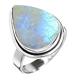 5.10ctw, Genuine Rainbow Moonstone 10x14mm Pear & .925 Silver Overlay Handmade Fashion Rings