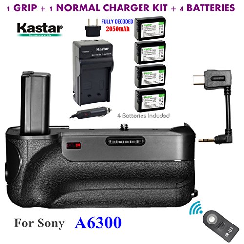 Kastar Infrared Remote Control Pro Vertical Battery Grip (Built-In 2.4G Wireless Contro) + 4 x NP-FW50 Replacement Batteries + Charger Kit for Sony ILCE-A6300 / A6300 Digital SLR Camera
