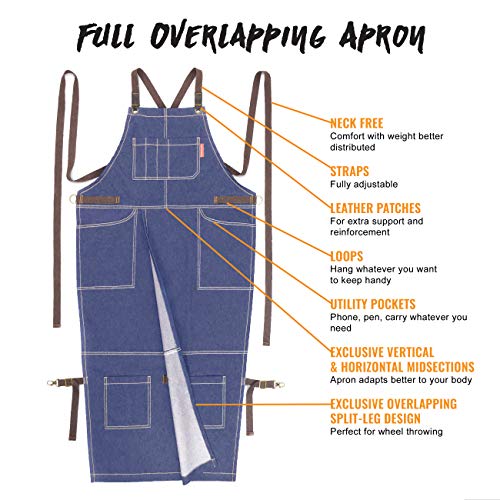 Under NY Sky Pottery Blue Apron – Full Coverage Cross-Back, Durable Denim, Leather Reinforcement Overlapping Split-Leg – Adjustable Men Women – Pro Pottery Artist, Mechanic, Tattoo Aprons