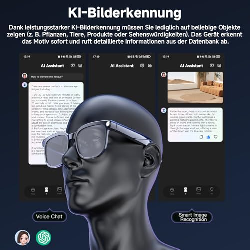AI Smart Glasses, Brille mit 800 W Kamera, 2 Paare Brillengläser, 1080P HD Video und Audiorecording mit Bildstabilisierung, /Bluetooth-Anrufe/AI-Assistent/Echtzeitübersetzung