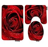 Wondertify Bath Mat,Rose,Red Rose With Water Droplets Bathroom Carpet Rug,Non-Slip 3 Piece Bathroom Mat Set