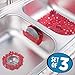 mDesign Floral Kitchen Sink Protector Mat, Sponge Holder, Drain Strainer - Set of 3, Red