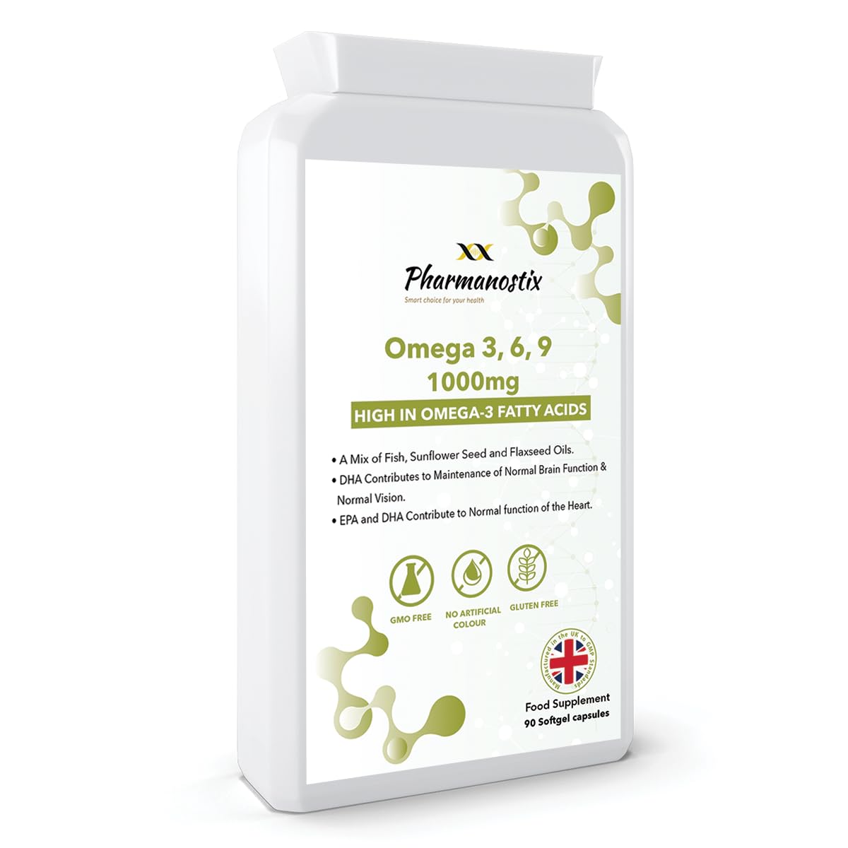 Pharmanostix Omega 3 6 9 Fish Oil 1000mg 90 Softgel Capsules - High Strength EPA, DHA, ALA & LA with Added Vitamin E for Daily Brain, Vision, Heart, Pregnancy Support UK Made to GMP Standards