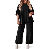 Beautife Womens Plus Size Lounge Sets Short Sleeve Tops Wide Leg Pants 2 Piece Outfits Tracksuit with Pockets