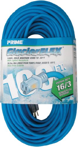 Prime Wire & Cable CW511635 100-Foot 16/3 SJTW 50 degree Cold Weather Extension Cord with Prime light Indicator Light, Blue