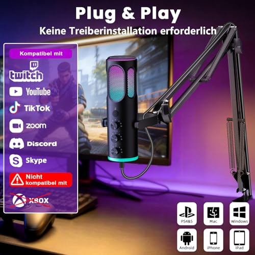 Ortizan USB Gaming Microphone PC with Swivel Arm, Mute and Monitoring | For streaming, podcast, YouTube, Discord, PS4/PS5 and Mac, with RGB light and pop filter