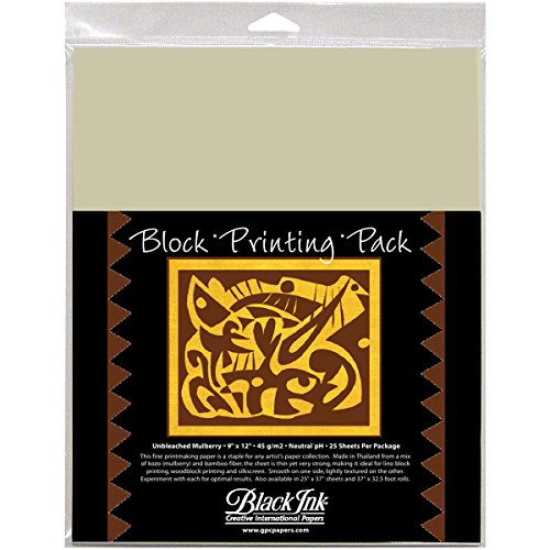 Black Ink 9-Inch by 12-Inch Unbleached Mulberry Block Printing Paper, 25-Pack