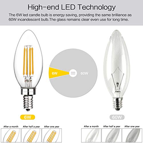 LED Candelabra Bulb, Boncoo Dimmable LED Chandelier Light Bulbs 6W 3000K Soft White Filament LED Candle Bulbs 60W Incandescent Equivalent B11 530 Lumen E12 Base Clear Glass Decorative Bulb 6 Packs - Thumbnail 4