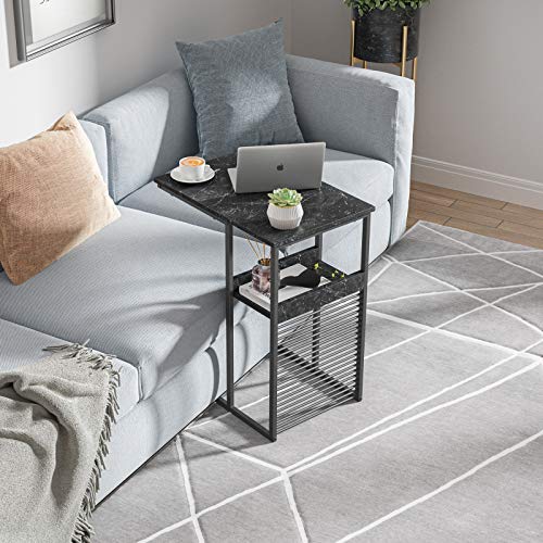 Cubiker Sofa Side End Table, Side Table with Wooden Shelf, C Shaped
