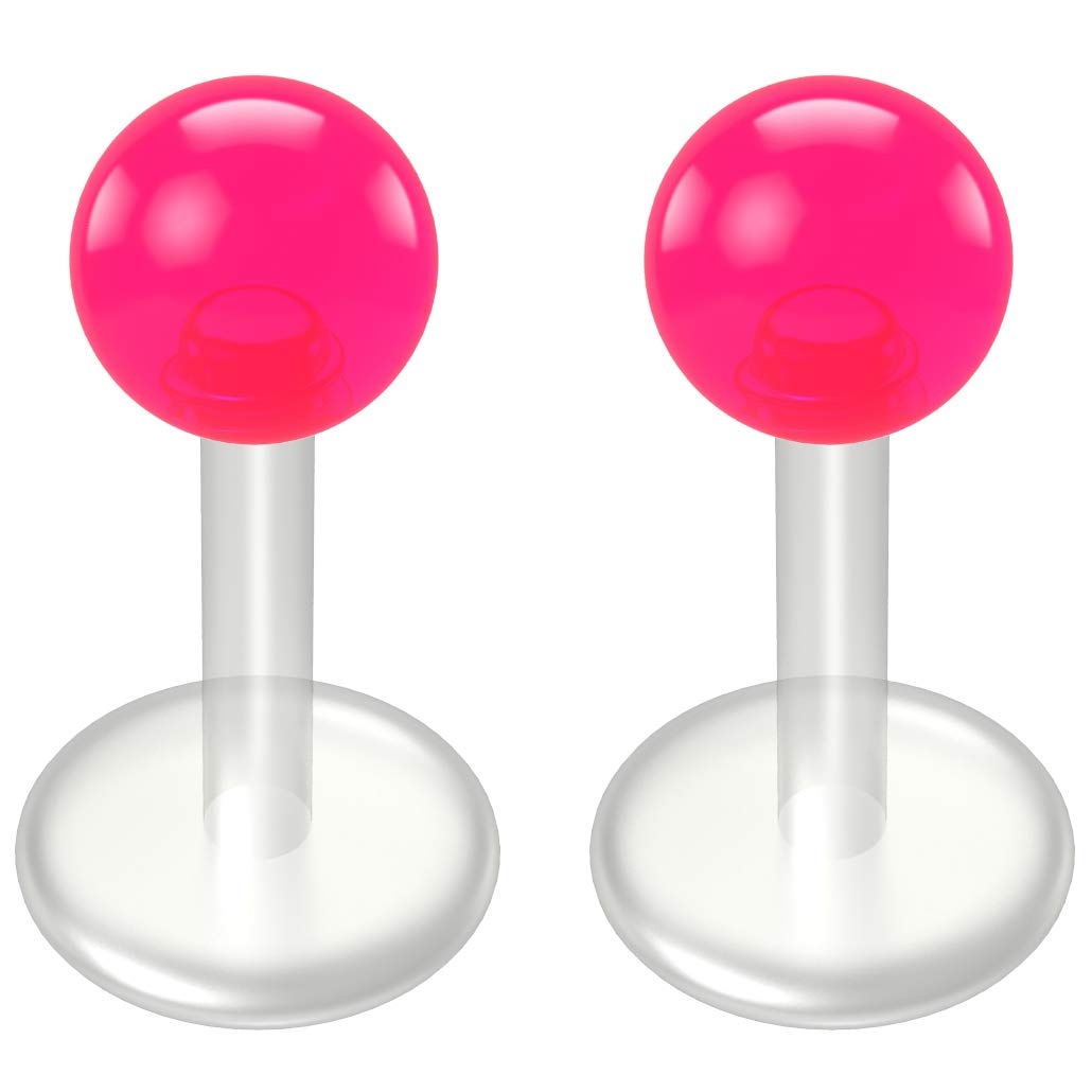 2pc Pink Labret Bar 16g 1.2mm Studs Flexible Bioplast Clear Plastic Bioflex Monroe Lip Piercing Jewellery 6mm
