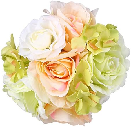 ADolinGo Artificial Flowers Hydrangea Roses Fake Silk Flowers 10 Heads Bouquet Wedding Decor (White+Champagne)