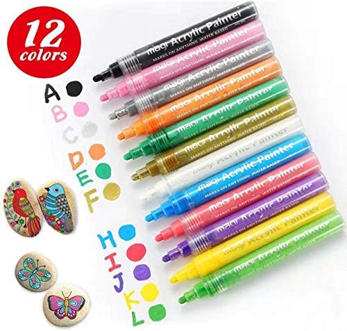 ASPIRING Acrylic Paint Pens Set 12 Vibrant Colors Markers Non-Toxic and No Odour Water based Quick Drying DIY Crafts Painting for Ceramic Crockeries, Porcelain, Metal, Wood, Fabric, Canvas and Glass