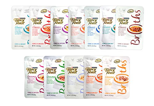 Fancy Feast Gourmet Broths Variety Pack for Cats - 12 Different Flavors (7 Classic Broth Flavors & 5 Creamy Broth Flavors) - 1.4 Oz Each (12 Total Pouches)