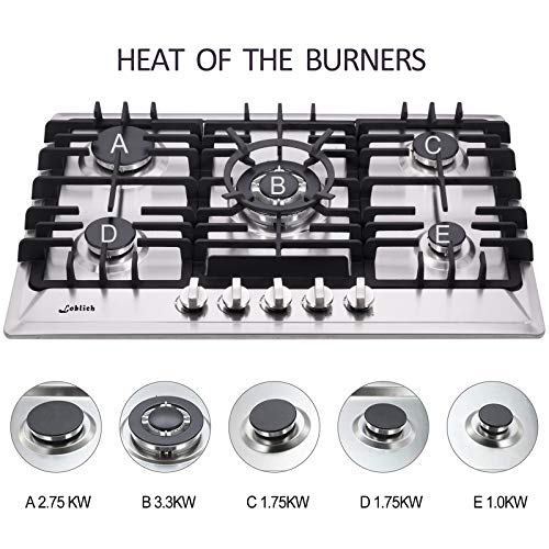 30 Inch Gas Cooktop, Builtin Stainless Steel Gas Stovetop 5 High