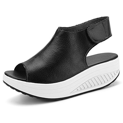 D-Sun Women's Shape Ups Leather Comfort Peep Toe Walking Wedges Sandals Platform Heeled Shoes (8.5 B(M)US = EU 40, Black)