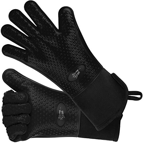 Silicone Oven Gloves - Great Heat Resistant Mitts Extra Long with Internal Cotton Lining for Cooking, Pot Holder, Grilling, BBQ, Baking And Smoking - Black