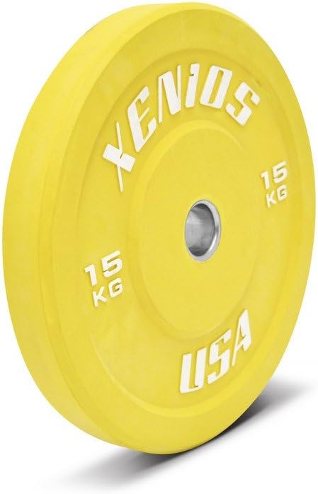 XeniosUSA Rubber Bumper Plate with central Stainless Steel Ring, Yellow, 15 kg, PSBPRBPL15