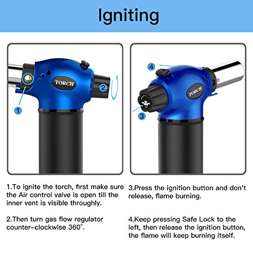 Culinary Blow Torch, UCOFFEE Kitchen Torch Lighter, Butane Refillable, Flame Adjustable (MAX 2370°F) for Cooking BBQ Baking Brulee Creme DIY Soldering (Butane Gas Not Included) - Blue - Thumbnail 2