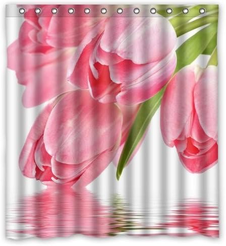 Pink Tulips Shower Cutains-Water, Soap, and Mildew resistant - Machine Washable - 12 Shower Hooks are Included-66" x 72"