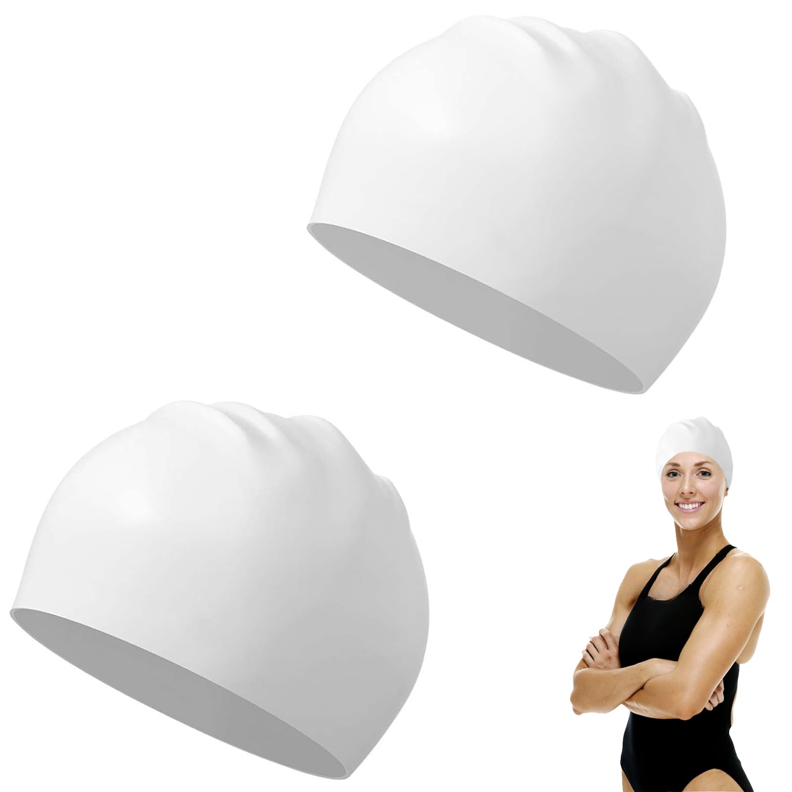 2 Pcs White Swimming Cap - Unisex Comfortable and Durable Swim Hats for Women - Stretchable Headband