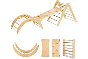 Asweets 4 in 1 Pikler Triangle Gym, Montessori Foldable Climber with Ramp, Indoor Climbing Toys for Kids, Climbing Triangle for Toddlers Arch Climber, Rocker, Learning Waldorf Children Toy, Light