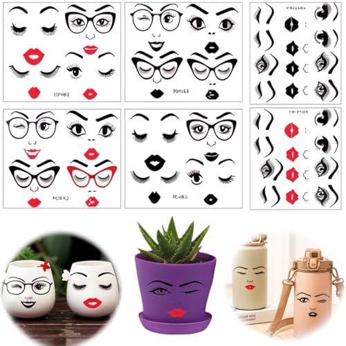 MORDUEDDE Face Stickers for Flower Pot Crafts - 6 Sets DIY Pot Decoration Decals, Make A Face Stickers with Lips/Eyes/Eyebrows, Waterproof Vinyl Stickers for Pot Decor, Craft/Party Supplies